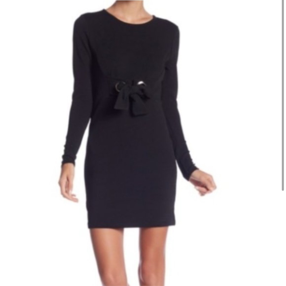 Romeo + Juliet Couture Black Textured Shift Dress Tie Belt Long Sleeve Medium - Picture 1 of 11